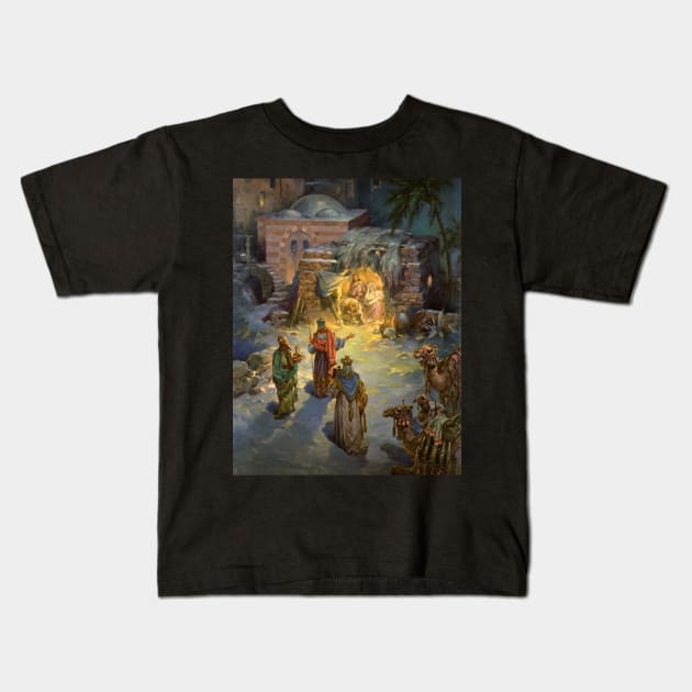 Vintage Christmas Nativity Scene Kids T-Shirt by MasterpieceCafe